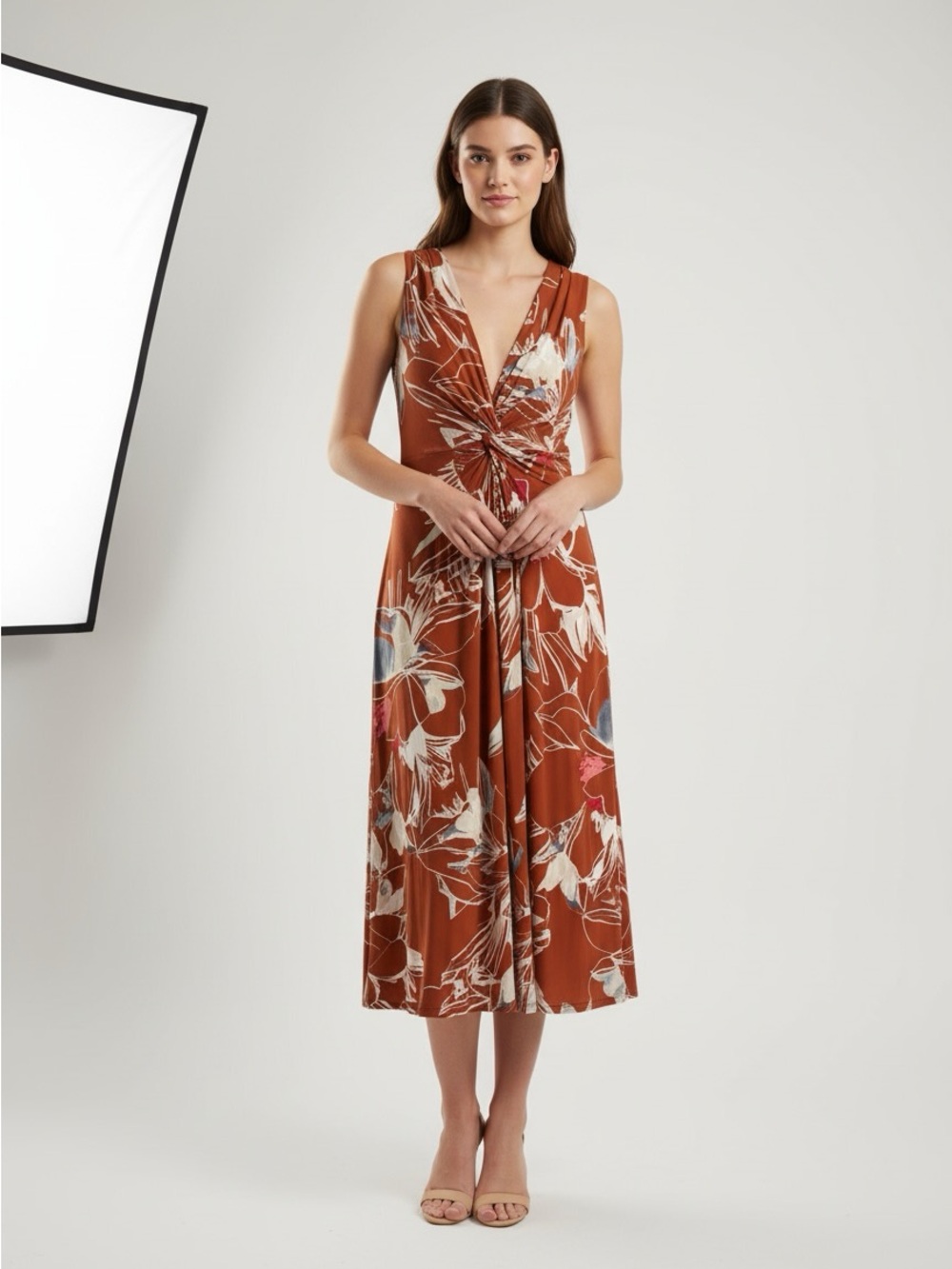New Calvin Klein Rust Floral Twist-Front Midi Dress size 16